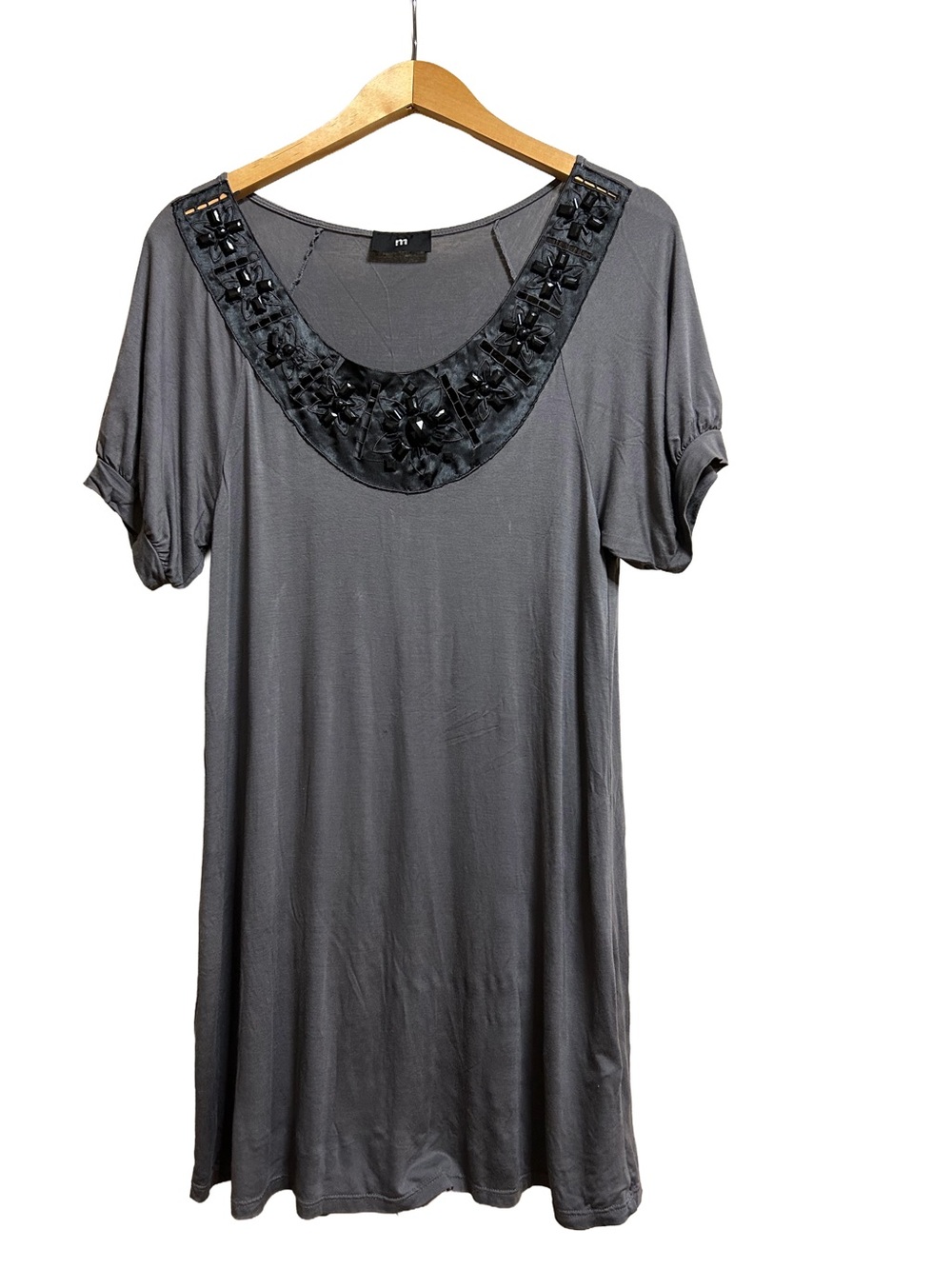 Vintage Method Beaded Jeweled Bib Tunic Dress Charcoal Gray Medium